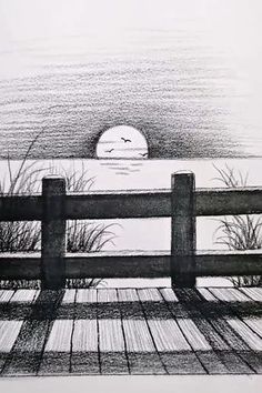 a black and white drawing of a sunset over a wooden fence