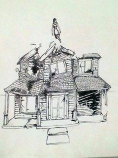 a drawing of a house with a bird sitting on the roof and a person standing on top of it