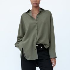 New Modal Blouse Oversized Khaki Blouse For Spring, Trendy Oversized Green Blouse, Oversized Solid Color Office Top, Oversized Solid Color Top For Office, Chic Green Shirt For Daywear, Oversized Green Blouse For Day Out, Oversized Tops For Office In Fall, Chic Relaxed Fit Khaki Top, Chic Oversized Green Blouse