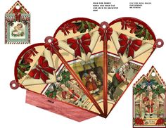 an image of christmas cards in the shape of a heart with bowes and bells