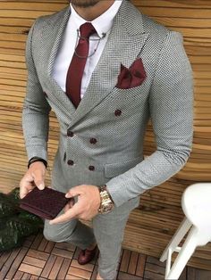 2pcs Men's Spring Autumn Plaid Lapel Neck Double-Breasted Blazer & Pants Business Casual Suit Set Black Work    Colorblock,Plaid  Non-Stretch  Men Clothing, size features are:Bust: ,Length: ,Sleeve Length: Wedding Suits Men Grey, Men Suits Wedding, Grey Suit Men, A Man In A Suit, Man In A Suit, Dress Suits For Men, Mens Blazer Jacket, Mens Suit Jacket