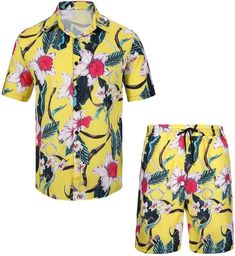 This Men's Print Shirt & Shorts Set is perfect for any tropical getaway. Featuring a vibrant Hawaiian print, this set is made from high-quality fabric for a comfortable fit. Stand out in style and stay cool in this must-have set for your next beach vacation. 100% polyester, shirt sleeve short, soft and breathable, give you the most comfortable wearing experience in all seasons especially hot days. The men print shirt outfit is a loose fit,button-down short sleeve, spread collar;he shorts have po Yellow Relaxed Fit Summer Sets, Yellow Beachwear Sets For Summer, Casual Yellow Hawaiian Shirt For Beach, Relaxed Fit Multicolor Beach Sets, Multicolor Relaxed Fit Beachwear Sets, Multicolor Relaxed Fit Beach Set, Yellow Short Sleeve Sets For Vacation, Yellow Short Sleeve Vacation Sets, Multicolor Relaxed Fit Sets For Vacation