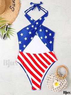 Bjux - Womens Halter Neck One Piece Swimsuit with American Flag Print, Strappy Cut Out Design and High Cut Bottoms - Ideal Swimwear for Fashionable Beachgoers American Flag Print, Cross Patterns, Cut Out Design, High Cut, Halter Neck, One Piece Swimsuit, American Flag, Collar Styles, Cut Out