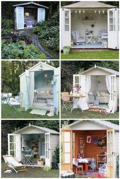 several pictures of different types of sheds in the yard, including one with an open door