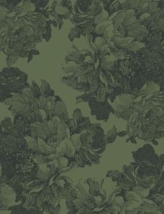 a green floral wallpaper with black and white flowers in the center, on a dark green background