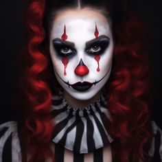 Red And Black Clown Makeup Halloween, Creepy Clown Makeup Tutorial, Clown Faces Makeup, Clown Woman Makeup, Easy Scary Clown Makeup For Women, Scary Clown Costume Women Face Makeup, Sinister Clown Makeup, Halloween Face Painting For Women, Clown Makeup Halloween Creepy