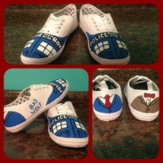 four pictures of shoes with the doctor who painted on them, all in white and blue