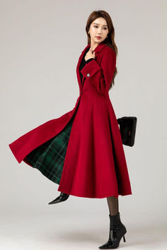 Long Wool Coat, Womens Coat, Hooded Coat, Warm Winter Coat. You Will Be Center Of Attention In This Positive Red Wool Coat That Will Look Good & Keep You Warm At the Same Time. Long Red Coat Outfit, Red Coat Outfit, A Line Coat, Long Wool Coat Women, Red Long Coat, Red Jackets, Fit And Flare Coat, Winter Coat Women, Red Wool Coat