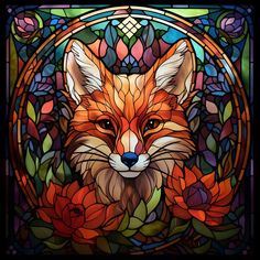 a close up of a stained glass window with a fox in it's face