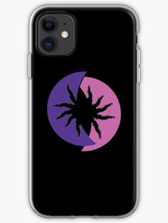 a phone case with an image of a palm tree in the center and a half moon behind it