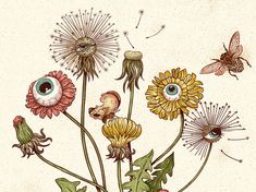 a drawing of flowers with an eyeball in the center and two butterflies flying around