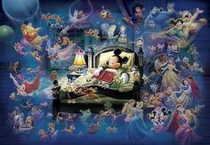 this is an image of a bedroom with disney characters on the walls and in the bed