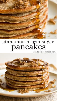 A stack of cinnamon brown sugar pancakes topped with real maple syrup. Healthy Cinnamon Pancakes, Spiced Pancakes, Pancakes With Cream Cheese, Special Pancakes, Easy Fall Breakfast, Fall Camping Desserts, Pancake Flavors, Easy Breakfast For One