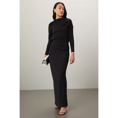 Black jacquard (56% Viscose, 40% Wool, 4% Elastane). Hourglass. Long sleeves. Cowl neck. Side zipper closure. 58" from shoulder to hemline. Imported. Evening Dress With Long Sleeves And Back Zipper, Formal Long Sleeve Dress With Back Zipper, Elegant Long Sleeve Maxi Dress With Back Zipper, Elegant Long Sleeve Dress With Side Zipper, Formal Long Sleeve Midi Dress With Back Zipper, Elegant Midi Dress With Back Zipper For Formal Events, Elegant Formal Midi Dress With Back Zipper, Formal Dresses With Back Zipper, Black Evening Dress With Side Zipper