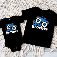 This adorable Big Brother or Little Brother Monster Truck matching sibling graphic tees is a very popular item for kids. These can be customized in your choice of vinyl color for the truck black and white vinyl color are standard. Garments come in two colors. Onesies® & T-Shirts come in a variety of sizes of your choice. We use high quality, soft flex vinyl which not only creates a sharp, vivid graphic but will never look "faded" or “washed out” like some inks commonly do. Processing time is 2-4 Big Brother Little Brother, Black Onesie, Matching Sisters, Brothers Shirts, Little Brother, Short Sleeve Bodysuit, Monster Truck, Vinyl Colors, White Vinyl