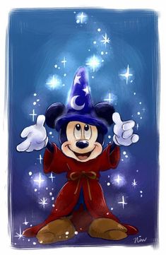 an image of mickey mouse dressed up as a wizard with his hands in the air