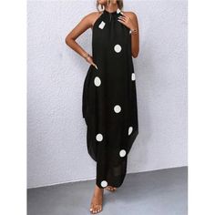 -Item Id 30995740 -Color: Black -Style: Casual -Pattern Type: Polka Dot -Type: A Line -Details: Backless, Pocket, Tie Back -Neckline: Halter -Sleeve Length: Sleeveless -Waist Line: Natural -Hem Shaped: Asymmetrical, Straight -Length: Long -Fit Type: Regular Fit -Fabric: Medium Stretch -Material: Fabric -Composition: 100% Polyester -Care Instructions: Machine Wash Or Professional Dry Clean -Sheer: No **Open To Offers!!!** **Bundle To Save More** **30% Off Bundles Of 2 Or More Items!!** ***Orders Black Printed Maxi Dress For Party, Black Asymmetrical Hem Maxi Dress For Beach, Black Asymmetrical Hem Dress For Vacation, Asymmetrical Black Maxi Dress For Beach, Asymmetrical Black Maxi Dress For The Beach, Chic Black Printed Maxi Dress, Polka Dress, Fabric Medium, Polka Dot Print