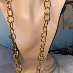 Embossed Chunky Gold Tone Links 18 Inch Drop- 36 Inches Of Chain The Necklace Base Metal Is Most Likely Brass Although I Am Not Certain Gold-tone Chain Link Necklace For Party, Gold Chunky Chain Long Necklace, Gold-tone Chunky Chain Necklace For Party, Party Gold-tone Chunky Chain Necklace, Chic Metal Long Necklace With Chain, Formal Gold-tone Long Necklace With Chain, Gold-tone Metal Cable Chain Necklace, Costume Jewelry Chain Necklace With Chunky Chain Link, Gold Oval Link Chain Necklace For Party