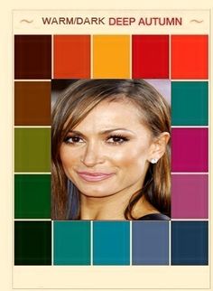 an image of a woman's face with color swatches in the background and text that reads warm / dark deep autumn