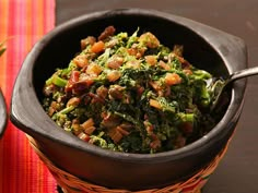 a close up of a bowl of food on a table