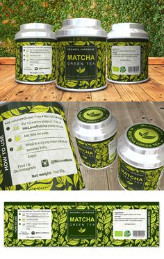 the packaging design for matcha tea is shown in three different colors and sizes, including green