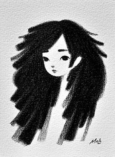 a black and white drawing of a woman with long hair