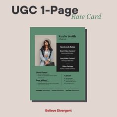 a green and black business card with the words ugg - 1 page rate card