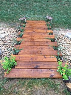 a wooden walkway made out of wood planks with plants growing on the side and rocks around it