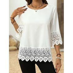 Season:Summer; Fabric:Polyester,Polyester; Sleeve Length:3/4 Length Sleeve; Look After Me:Machine wash,Washable,Wet and Dry Cleaning; Gender:Women's; Style:Casual,Elegant; Elasticity:Inelastic; Tops Type:Blouse,Dressy Tops; Occasion:Daily; Top Length:Regular Tops; Fit Type:Regular Fit; Pattern:Solid Color,Plain; Design:Lace; Neckline:Crew Neck; Front page:FF; Listing Date:07/03/2024; Bust:null; Length:null; Sleeve:null; Fit US Size:null; Fit UK Size:null; Fit EU Size:null Top In Pizzo, Blouse Elegant, Elegante Casual, Elegant Casual, Dressy Tops, Women Shirts Blouse, Lace Shirt, White Summer, Summer Wear