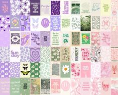 a collage of many different types of flowers and words in pink, green, purple, and white