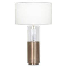 a table lamp with a white shade on the top and a silver base, against a white background