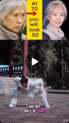 an old woman is doing karate in the middle of two different pictures, with one saying at 70 you will look 50 are not only 10 times