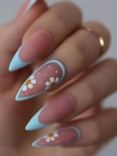 30 Simple Daisy Nail Art Everybody Can Copy - 246 Unghie Nail Art, Spring Acrylic Nails, Colorful Nails, Almond Nails Designs, Almond Acrylic Nails, Her Nails, Blue Nail, Easter Nails, Vibrant Patterns