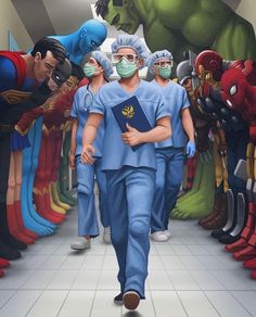 a man in scrubs walking down a hallway with other men wearing masks and surgical garb