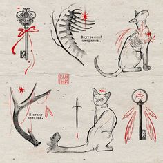 several drawings of cats with different designs on them, including an arrow and a bird