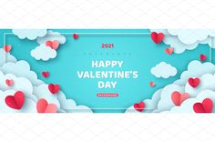 valentine's day banner with paper hearts floating in the air and clouds around it