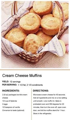 the recipe for cream cheese muffins is shown in an advertisement with information about it