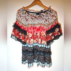 Size Large Brand New Directions Multicolor Florals Boho Bohemian Flounce Top Can Be Worn Off The Shoulder Beautiful Blouse Bohemian Off-shoulder Blouse With Floral Embroidery, Multicolor Semi-stitched Bohemian Blouse, Bohemian Long-sleeve Blouse With Boho Print, Multicolor Off-shoulder Bohemian Tops, Bohemian Blouse With 3/4 Sleeve Floral Print, Flounce Top, New Directions, Blouse Top, Beautiful Blouses