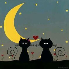 two black cats sitting on top of a hill next to a crescent moon and the words feliz noche written in spanish