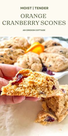 a hand holding an orange cranberry scones with the title in the middle