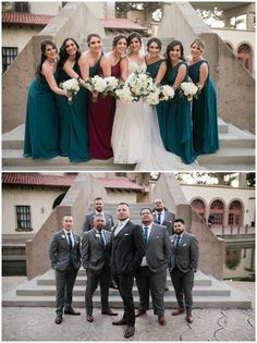 the bride and grooms are posing for pictures