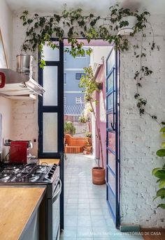 an open door leading to a kitchen with potted plants