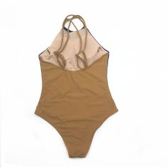 High Neck Monokini Patchwork One Piece Swimsuit Fitted Beige Lined Swimwear, Stretch Brown One-piece Swimwear, Fitted Nylon Halter Neck Bodysuit, Fitted Beige Nylon Swimwear, Brown Stretch Nylon Swimwear, Brown Fitted Nylon Swimwear, Fitted Brown Nylon Swimwear, Nylon Halter Neck Bodysuit With Lined Body, Stretch Brown Bodysuit For The Beach