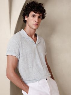 This linen polo is specially washed for softness, the better to enhance linen's natural ability to stay cool and fresh, even in heat and humidity.  Standard fit.  Johnny collar (no buttons).  Straight hem with vented sides.  Standard fit.  Short sleeves.  Hip length.  Model: Size M, 6'2" (188cm). Linen Polo Shirt, Johnny Collar, Stay Cool, Hip Length, New Woman, Blue Stripes, Banana Republic, Polo Shirt, Light Blue