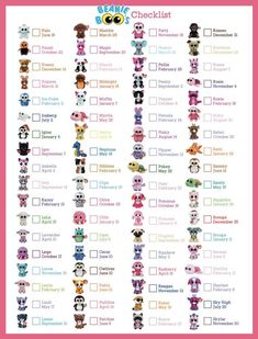 an animal crossing checklist with many different animals and their names in the form of letters