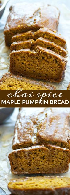 slices of pumpkin bread on top of parchment paper with the words glups spice maple pumpkin bread