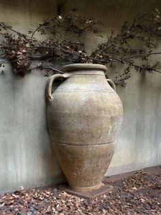 a large vase sitting on the ground next to a wall with branches growing out of it