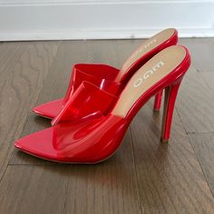 Size 5, True To Size. About 4-4.5 Inch Heel. Some Cosmetic Scuffs On The Physical Heels (In The Back) But Actually Never Worn Outside Once. I Think I Scraped It Against Other Shoes Tbh. Red Closed Toe Heels With Synthetic Material, Red Synthetic Sandals With Pointed Toe, Red Pointed Toe Sandals With Padded Heel, Red Synthetic Pointed Toe Sandals, Red Pointed Toe Synthetic Sandals, Red Closed Toe Heels With 4-inch Heel, Red Pointed Toe Heels With 4-inch Heel, Red Slip-on Heels For Party, Fitted Red Heels With Open Heel