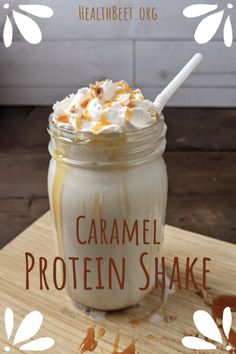 caramel protein shake in a mason jar