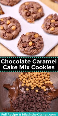 chocolate caramel cake mix cookies on a plate